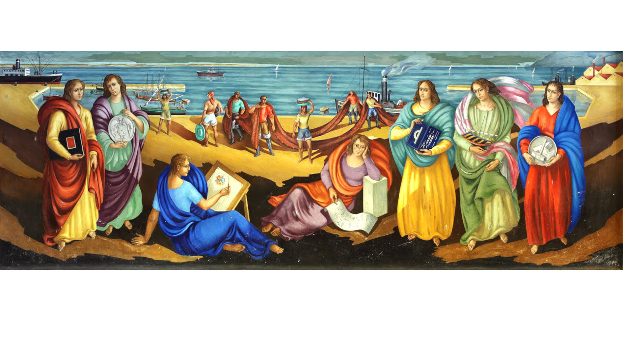 O mural do átrio da antiga Escola Industrial e Comercial
